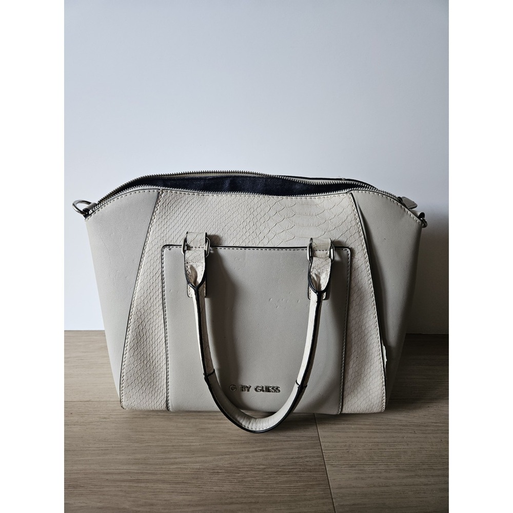 G BY GUESS Cream Faux Leather Satchel Handbag Python Snakeskin Embossed Purse